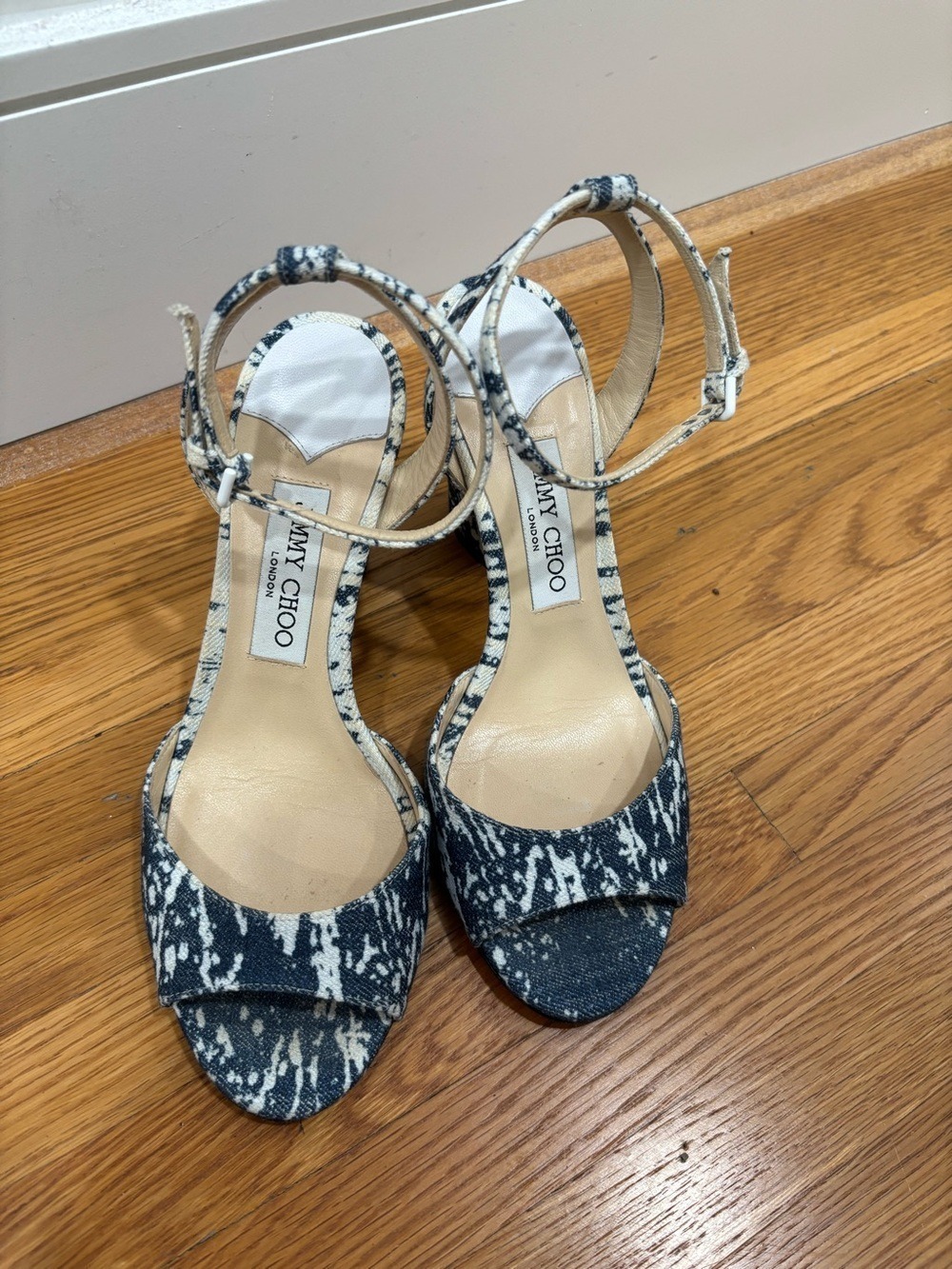 825. Jimmy Choo Miranda bleached denim block heel sandals
